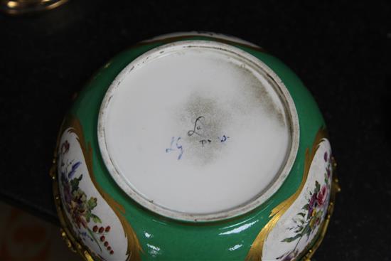 A pair of Sevres porcelain green ground bowls, c.1773, diameter incl. mounts 24cm (9.5in.), some decoration possibly later